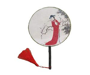 Éventail rond classique, nervure d'éventail en bois et peinture double surface sur tissu de soie, plus de 20 motifs optionnels, diamètre 24,1 cm, motif 19 - Beauté dans la neige)
