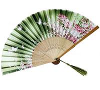 Éventail vert avec papillons à motif floral livré avec sac d'éventail, motifs vintage en soie et dentelle japonaise avec cadres en bambou, éventails pliants à main, parfaits pour les mariages, les