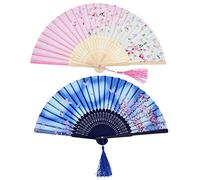 Éventails à main pliables en bambou avec pompon pour femme, décoration murale ou pour offrir (lot de 2), Blue Butterfly and Pink Cherry Pattern