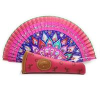 Éventails floraux, paysages et figures de couleurs avec étui artisanal. Magnifique éventail en bois avec étui fabriqué en Espagne. Fuchsia