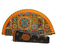 Éventails floraux, paysages et figures de couleurs avec étui artisanal. Magnifique éventail en bois avec étui fabriqué en Espagne. (Orange HTG9)