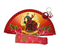 Éventails floraux, paysages et figures de couleurs avec housse artisanale. Magnifique éventail en bois avec housse fabriquée en Espagne (avec housse rouge)