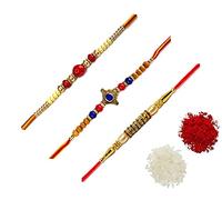 Evento Trading Lot de 3 bracelets Rakhi pour frère avec pierres rouges et pierres rouges, 2 Moti Rakhi et mauvais œil