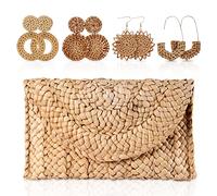 EVEOUT Paille Tissée Pochettes et Clutches avec des Boucles d'oreilles en rotin pour Femmes Vintage Sac à Main de Plage（Sac de Paille Ensemble 04）