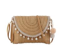 EVEOUT Pochette en Paille Tissée pour Femmes été Clutches Sac à Main en Paille Tressée avec Bandoulière et Pompons pour Parti Mariage Plage Vacances（Marron Balle）