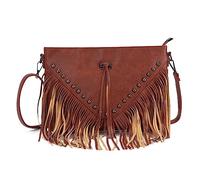 EVEOUT Sac à bandoulière à Pampilles pour Femme Synthétique Sac à Pompon avec Rivet Mode Sacs portés épaule Franges pour Filles(Brune avec Rivet)