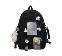 EVEOUT Sacs à Dos pour Enfant avec de Jolies étiquettes et épingles Grande capacité Sacs portés Dos pour Fille Sac à Dos Nylon Adolescent Cartable Multi-Poches (Noir)