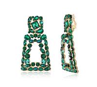 EVER FAITH Clip Boucle d'Oreille Femme Boucles d'Oreilles Pendantes Grand Rectangle Goutte Géométrique Gemme Strass Fantaisie Non Piercing Vert Foncé Ton d'or