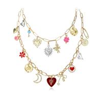 EVER FAITH Collier Chunky Y2K à 2 couches avec cœur, soleil, lune, fleur nge, nœud, pièces de monnaie, chaîne à maillons Y2K - Cadeau de Noël pour femme