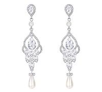 EVER FAITH Dames Cristal Simulé Perle Mariée Floral Feuille Teardrop Long Pendants Boucles d'oreilles Clair Argent, Cristal, Cristal