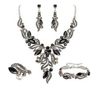 EVER FAITH Ensemble de bijoux de mariée pour mariage avec cristaux - Collier, boucles d'oreilles, bracelet et bague - Motif feuille cluster en forme de marquise - Ensemble pour bal de fin d'année