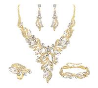 EVER FAITH Ensemble de bijoux de mariée pour mariage avec cristaux - Collier, boucles d'oreilles, bracelet et bague - Motif feuille cluster en forme de marquise - Ensemble pour bal de fin d'année