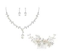 EVER FAITH Parure Bijoux de Mariée Zircone Cubique Simulé Feuille de Perle Filigrane Collier Boucles d'oreilles et Peigne à Cheveux 3PCS Ensemble pour Femme Mariage Ivoire