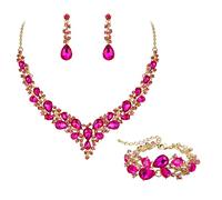 EVER FAITH Parure Bijoux Mariage Collier Boucles d'oreilles et Bracelet 3PCS Ensemble pour Femmes Autrichiennes Cristal Goutte d'eau Cluster de Fuchsia Ton d'argent