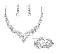 EVER FAITH Parure Bijoux Mariage Collier Boucles d'oreilles et Bracelet 3PCS Ensemble pour Femmes Autrichiennes Cristal Goutte d'eau Cluster de Clair Ton d'argent