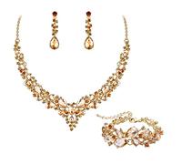 EVER FAITH Parure Bijoux Mariage Collier Boucles d'oreilles et Bracelet 3PCS Ensemble pour Femmes Autrichiennes Cristal Goutte d'eau Cluster de Brun Ton d'or