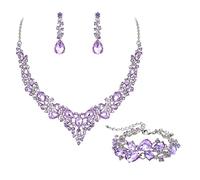 EVER FAITH Parure Bijoux Mariage Collier Boucles d'oreilles et Bracelet 3PCS Ensemble pour Femmes Autrichiennes Cristal Goutte d'eau Cluster de Violet Ton d'argent