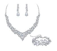 EVER FAITH Parure Bijoux Mariage Collier Boucles d'oreilles et Bracelet 3PCS Ensemble pour Femmes Autrichiennes Cristal Goutte d'eau Cluster de Clair Ton d'Argent Sterling 925