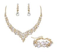 EVER FAITH Parure Bijoux Mariage Collier Boucles d'oreilles et Bracelet 3PCS Ensemble pour Femmes Autrichiennes Cristal Goutte d'eau Cluster de Clair Ton d'or