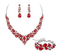 EVER FAITH Parure Bijoux Mariage Collier Boucles d'oreilles et Bracelet 3PCS Ensemble pour Femmes Autrichiennes Cristal Goutte d'eau Cluster de Rouge Ton d'argent