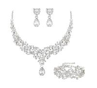 EVER FAITH Parure de bijoux élégante en cristal autrichien pour demoiselles d'honneur - Motif gouttes d'eau - Fleurs - Collier épais - Boucles d'oreilles et bracelet - Ton argenté clair, cristal, Pas