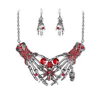EVER FAITH Parure Squelette Os de Mains avec Araignée Style Punk Gothique Costume Accessoire Toussaint Collier Plastron Boucles d'oreilles Ton d'argent Rouge