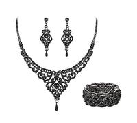 EVER FAITH Parures Cristal Rétro 1920 Vase de Bal Collier Boucles d'Oreilles Bracelet Extensible Bijoux pour Mariage Noir