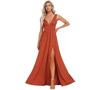 Ever-Pretty Robe Bal de Promo Longue Fendue Col V Mousseline de Soie sans Manche A Line Chic Orange Brûlée 46