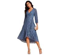 Ever-Pretty Robe Ceremonie Femme Dentelle High Low Col V Manches Longues Midi Soirée Bleu Brume 58