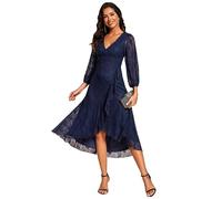 Ever-Pretty Robe Ceremonie Femme Dentelle High Low Col V Manches Longues Midi Soirée Bleu Marine 38
