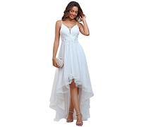 Ever-Pretty Robe de Bal de Promo Tulle Col V High Low Asymétrique Appliqué A Line Chic Blanc 48