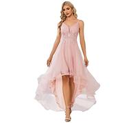 Ever-Pretty Robe de Bal de Promo Tulle Col V High Low Asymétrique Appliqué A Line Chic Rose Clair 46