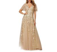 Ever-Pretty Robe de Bal Femme Manches Volants Paillettes Tulle A Line Col V Taille Empire Or 44