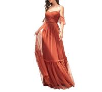 Ever-Pretty Robe de Bal Femme Tulle Longue Épaules Dénudées A Line Bustier à Volants Plissé Chic Orange Brûlée 46