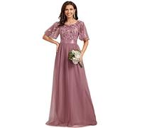Ever-Pretty Robe de Demoiselle d'honneur Col Rond Manches Courtes Taille Empire A-Line Tulle Longue Femme Orchidée 42