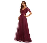 Ever-Pretty Robe de Demoiselle d'honneur Soirée Bal Col en V Manches Courtes A-Line Taille Empire Longue Tulle Femme Bordeaux 50