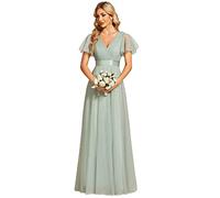 Ever-Pretty Robe de Demoiselle d'honneur Soirée Bal Col en V Manches Courtes A-Line Taille Empire Longue Tulle Femme Vert Menthe 46