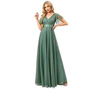 Ever-Pretty Robe de Demoiselle d'honneur Soirée Bal Col en V Manches Courtes A-Line Taille Empire Longue Tulle Femme Vert Mousse 46