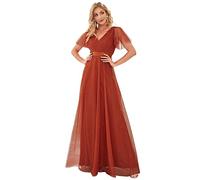 Ever-Pretty Robe de Demoiselle d'honneur Soirée Bal Col en V Manches Courtes A-Line Taille Empire Longue Tulle Femme Orange Brûlée 56