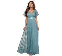 Ever-Pretty Robe de Demoiselle d'honneur Soirée Bal Col en V Manches Courtes A-Line Taille Empire Longue Tulle Femme Bleu Fumé 42