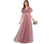 Ever-Pretty Robe de Demoiselle d'honneur Soirée Bal Col en V Manches Courtes A-Line Taille Empire Longue Tulle Femme Orchidée 46