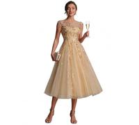 Ever Pretty Robe de Invitée de Mariage Midi Col Rond Hiver A Line | de Cocktail Élégante,Manches Cap,à Paillettes,pour Grande Taille,en Tulle,EG02778