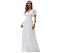 Ever-Pretty Robe de Mariage Col en V Manches Courtes A-Line Taille Empire Longue Tulle Femme Blanc 46