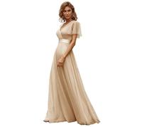 Ever-Pretty Robe de Mariage Col en V Manches Courtes A-Line Taille Empire Longue Tulle Femme Champagne 44