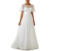 Ever-Pretty Robe de Mariage Col Rond Manches Courtes Taille Empire A-Line Tulle Longue pour Soirée Bal Gala Femme Blanc 44