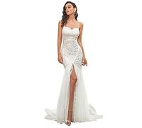 Ever-Pretty Robe de Mariée Femme Longue à Bretelles Taille Empire Tulle Décolleté Coeur à Bretelles Fendue sans Manche Moulante Fourreau Blanc 36