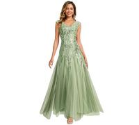 Ever-Pretty Robe de Soirée Col en V sans Manche Paillette Maxi Robe Évasée Verte Menthe 44