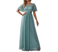 Ever-Pretty Robe de Soirée Col Rond Manches Courtes Taille Empire A-Line Tulle Longue Femme Bleu Fumé 56