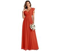 Ever-Pretty Robe de Soirée Dos Nu pour Femme Manches Volantées Mousseline Col V Plissé Robe de Demoiselle d'honneur Longue Élégante Orange Caramel 44