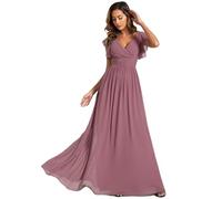 Ever-Pretty Robe de Soirée Dos Nu pour Femme Manches Volantées Mousseline Col V Plissé Robe de Demoiselle d'honneur Longue Élégante Orchidée 50